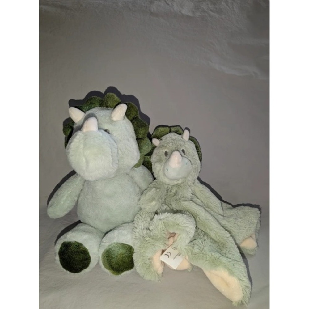 Kellytoy sage green Dino Plush and Matching Lovey Blanket with a rattle head set